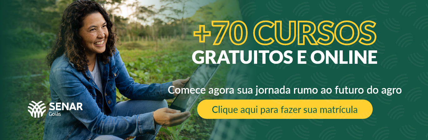 Banner promocional com a Marca Senar-GO anunciando mais de 70 cursos gratuitos e online com a chamada: 'Comece agora sua jornada rumo ao futuro do agro.' CTA: 'Clique aqui para fazer sua matrícula