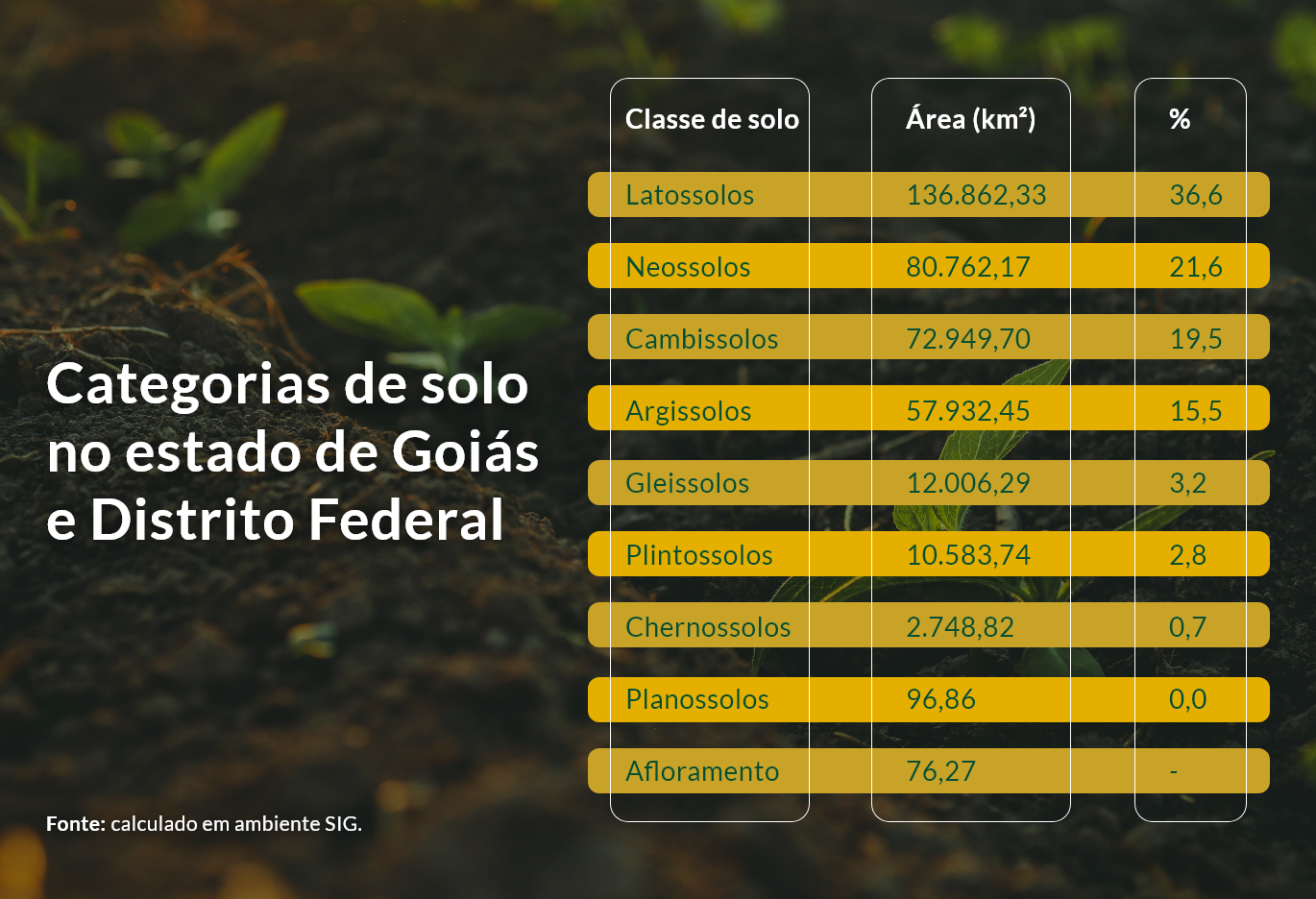 tabela com as categorias dos solos de Goiás e do DF